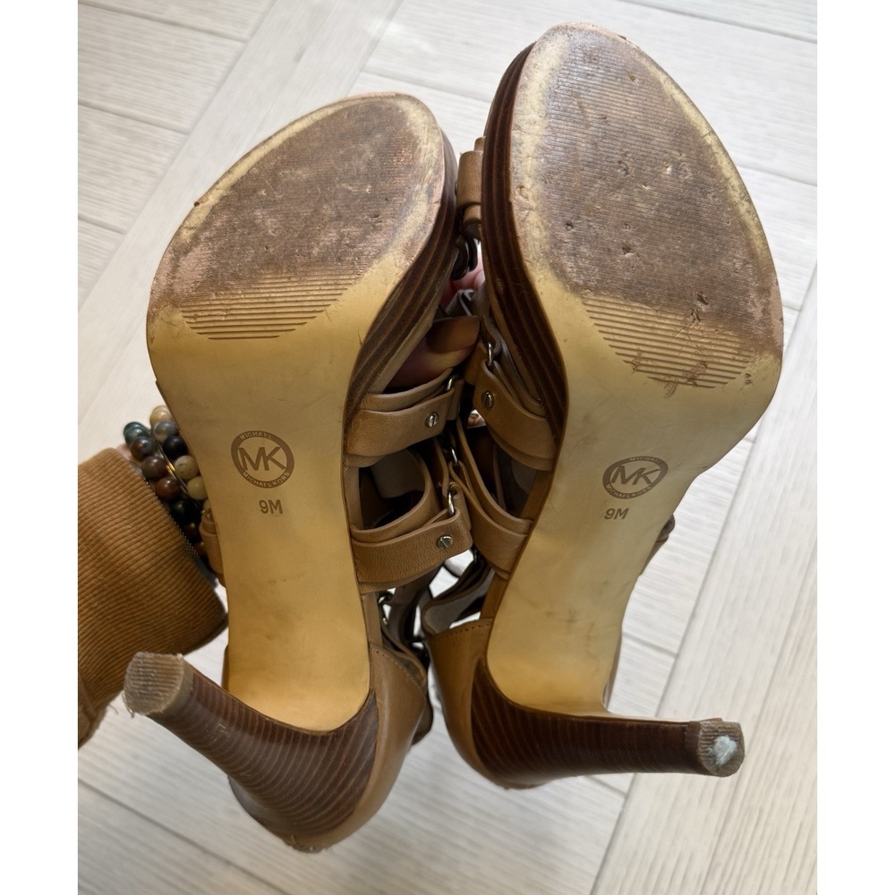 Michael Kors 4.5" Heel Sandals 9M Brown Leather Cross Strap Leonia Buckle Shoe - Picture 8 of 12